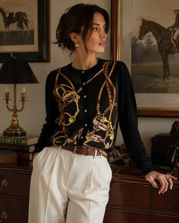 Vintage Ralph Lauren Cashmere Silk Cardigan Sweater Horse Bit Equestrian Large