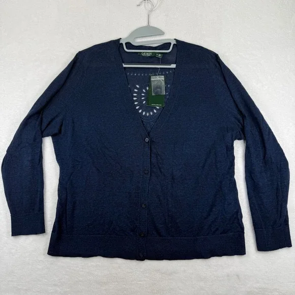 Lauren Ralph Lauren‎ Indigo Blue Linen Blend Eyelet Back Cardigan Sweater 2X NEW