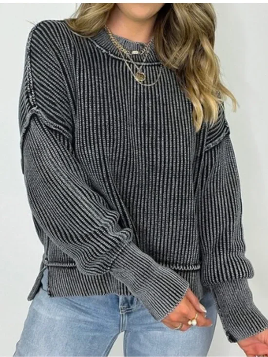 Zenana Outfitters Ribbed acid wash exposed seams Crewneck Sweater in Charcoal