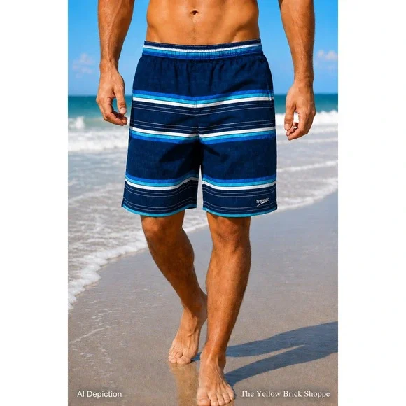 Speedo Swim Trunks Men's Medium Blue Striped Lined Swim Shorts