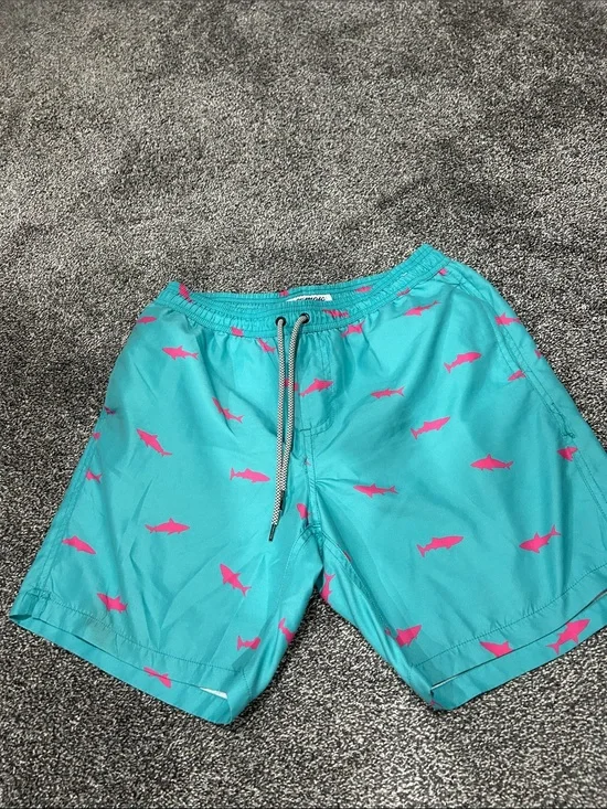 Men's Teal Swim Trunks with Pink Shark Print