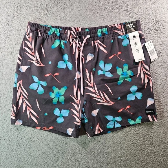 NWT Hurley Board Shorts Swim Trunks Men XXL No Liner Floral Leaf Print Gray‎