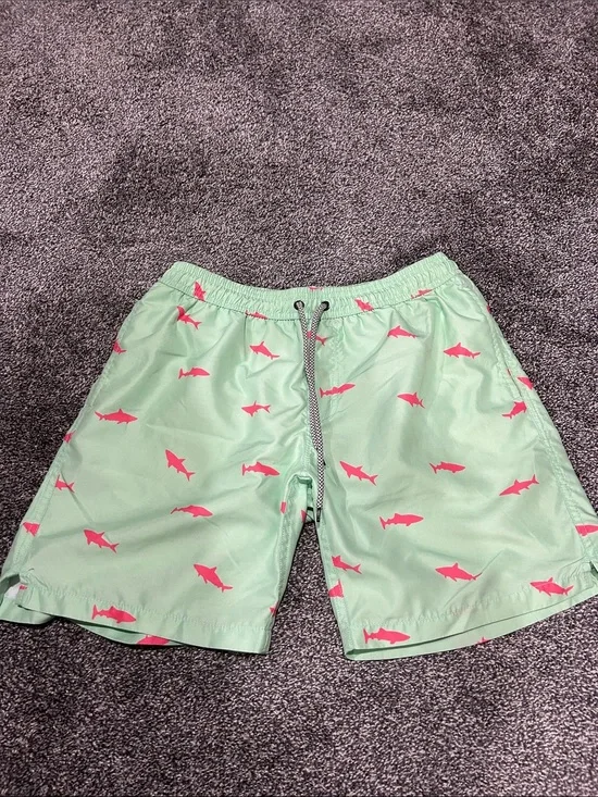 Mint Green Swim Trunks with Pink Shark Print