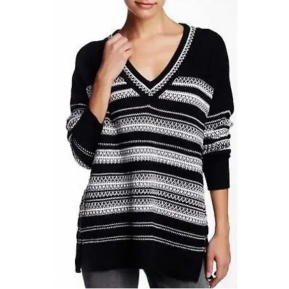 Vince Black and White Striped V-Neck Sweater