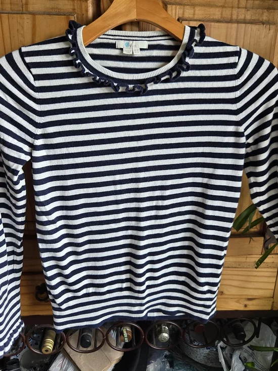 Boden Striped Navy & White Ruffle Neck Sweater
