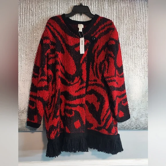 Chicos Abstract Agatha Wool Blend  Fringe Cardigan Wrap Style Sz-3/XL