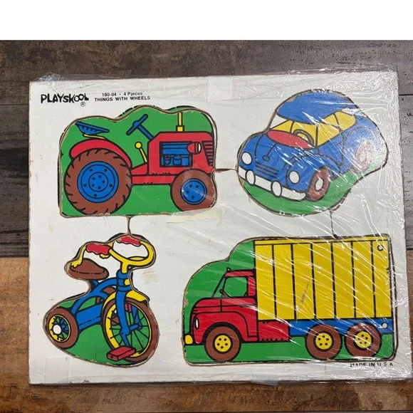 Vintage Playskool Wooden‎ Puzzle Things With Wheels 180-04 4 Piece USA Made