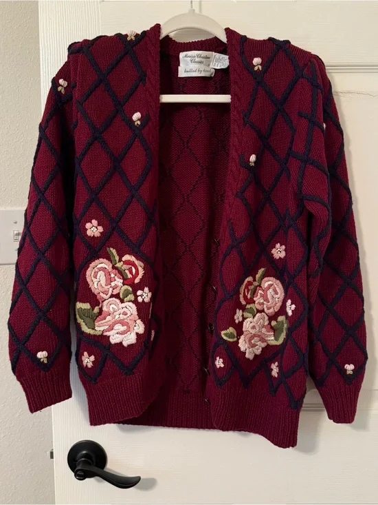 Marisa Christina Burgundy Open-Front Embroidered Floral Cardigan whimsical