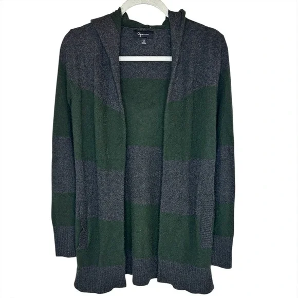 AQUA Cashmere Cardigan Sweater Hoodie XS Green Gray Stripes Open Front Luxury‎