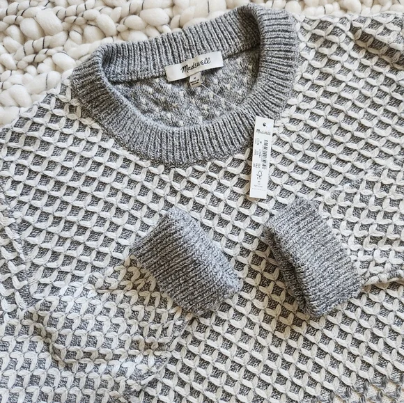 Madewell Gray & Cream Textured Crewneck Sweater
