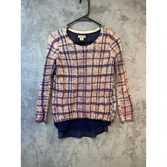 Lucky Brand Mixed Media Plaid Sweater Navy Blue Chiffon Split Back XS