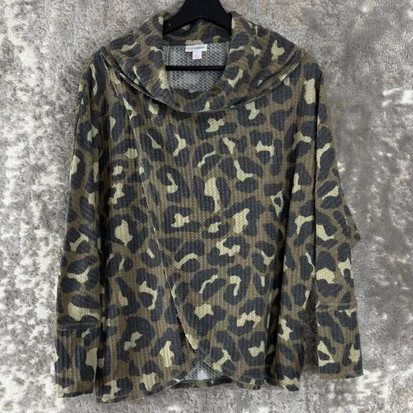 LulaRoe Sz S Kristen Leopard Animal Print Waffle Knit Cowl Neck Pullover Sweater