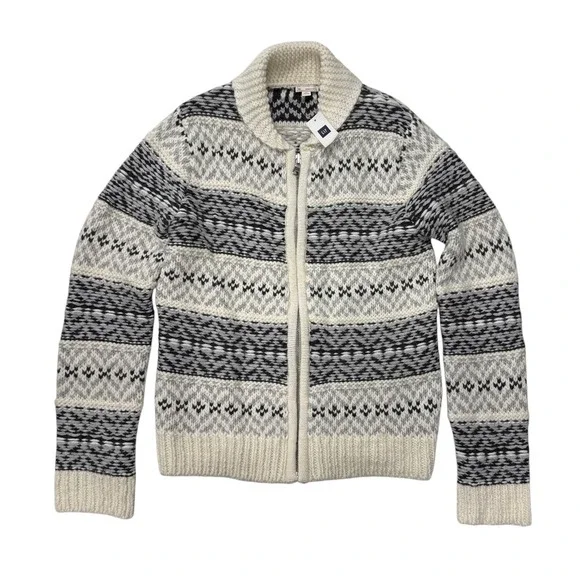 Gap Womens Fair Isle Zip Up Cardigan Wool Alpaca Blend Shawl Collar Cream M Tall