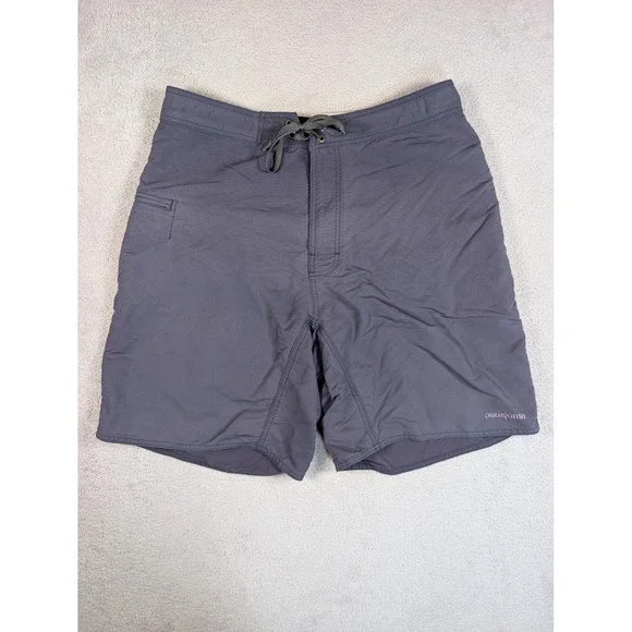 Patagonia Mens Board Shorts Gray Blue Nylon Swim Trunks Size 34 Pocket