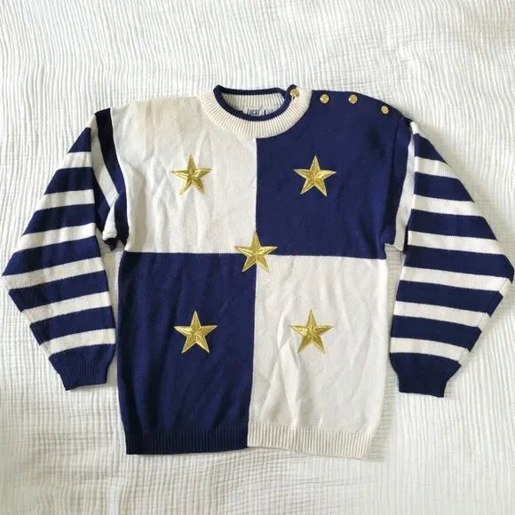 Vtg 80s Womens S Crewneck Sweater Navy White Gold Stars Stripes American Wool