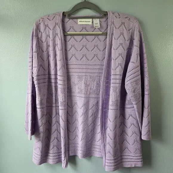 Alfred Dunner Women's Lavender Crocheted Knit Open Front Sweater Cardigan Medium