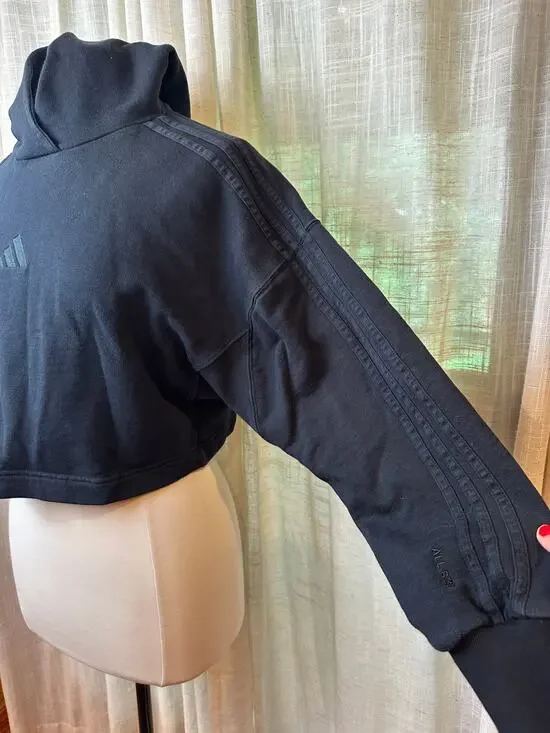 Adidas Womens Medium Cropped Hoodie Black Tonal Logo Oversized Sweatshirt M