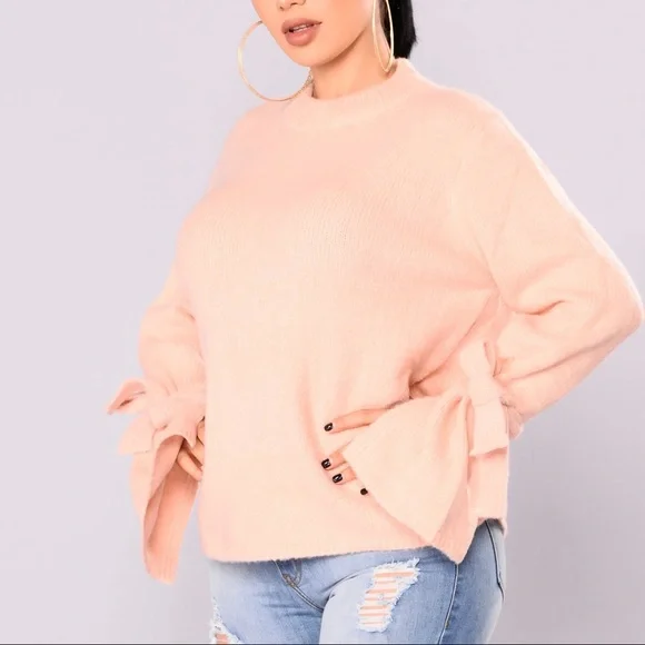 Fashion Nova Pink Bell Sleeve Tie Sweater Size Small