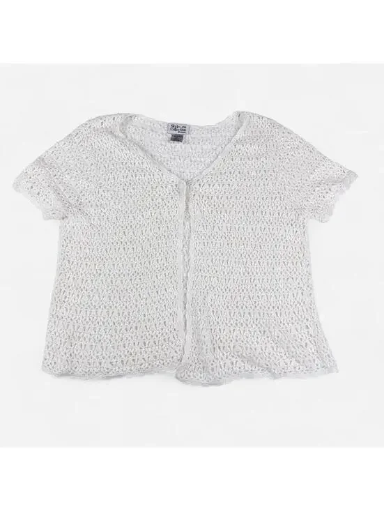 Style & Co 90s Open Knit Crochet Button Cardigan in Cream