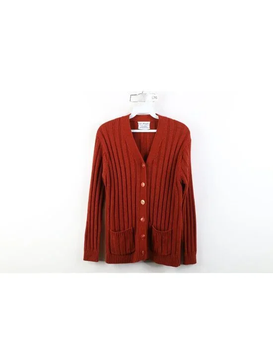 Vintage 70s Streetwear Womens Medium Blank Ribbed Knit Cardigan Sweater Orange