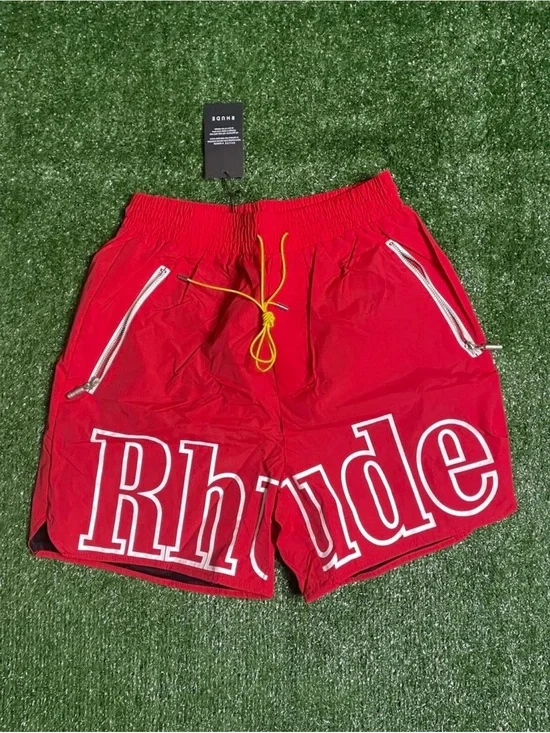 Rhude Red and Black Swim Shorts with Branded Waistband