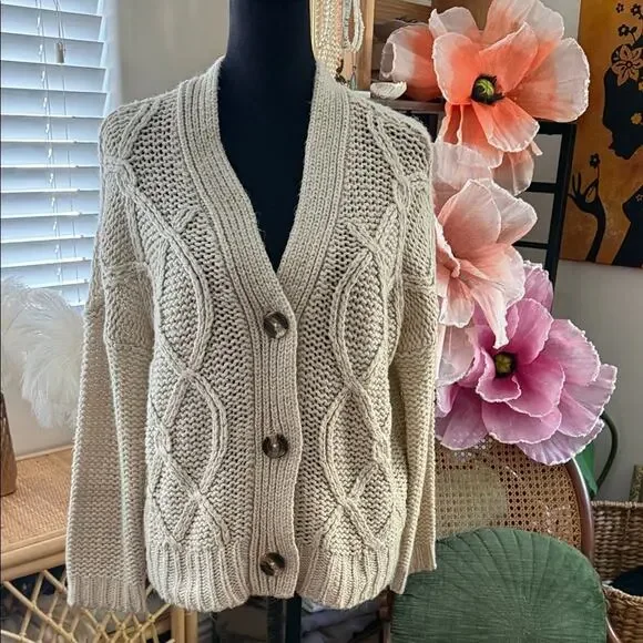RDI Nordstrom Oatmeal Beige Chunky Cable Knit Button Up Fisherman Cardi Sweater