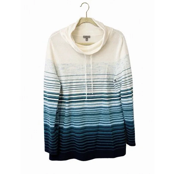 T by Talbots Drawstring Cowlneck Ombre'-Stripe Top Women's Size M Athleisure