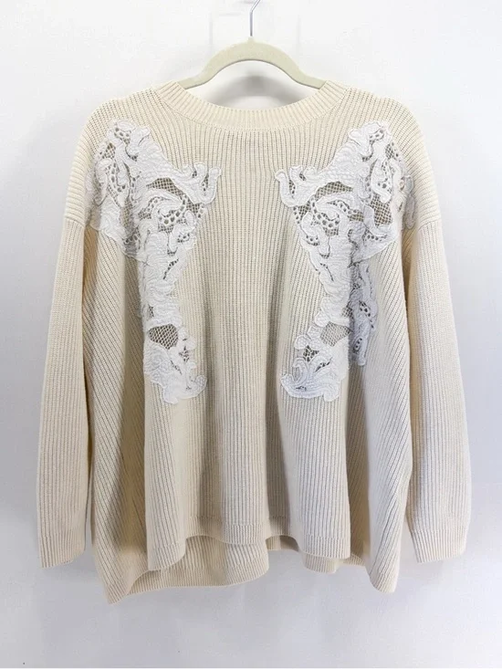 Sandro Paris Cream Rib Knit Wool Blend Sweater Lace Eyelet Panels Open Back S