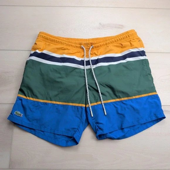 Lacoste Swim Trunks Mens L Mesh Lined Colorblock Yellow Green Blue Stripe MH2764