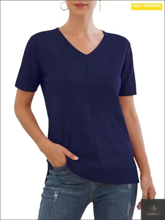 Viscose Short Sleeve V-Neck Lightweight Pullover Sweater Top