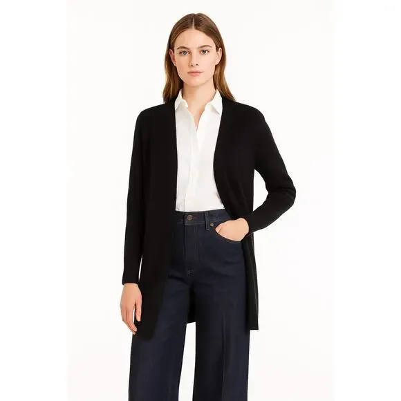 100% Cashmere black ribbed tunic length open front cardigan luxury‎ XS capsule