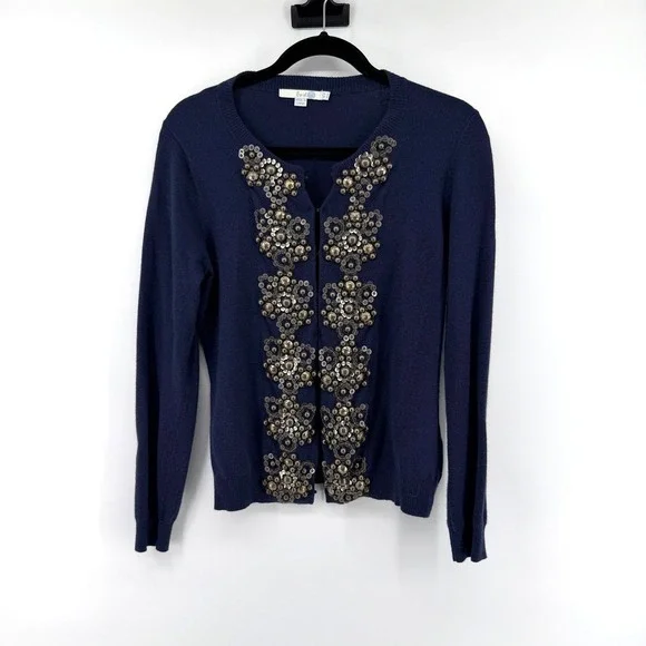 Boden Cardigan Embellished Sequin Bead Size 8 Navy Blue Womens Sweater Cashmere