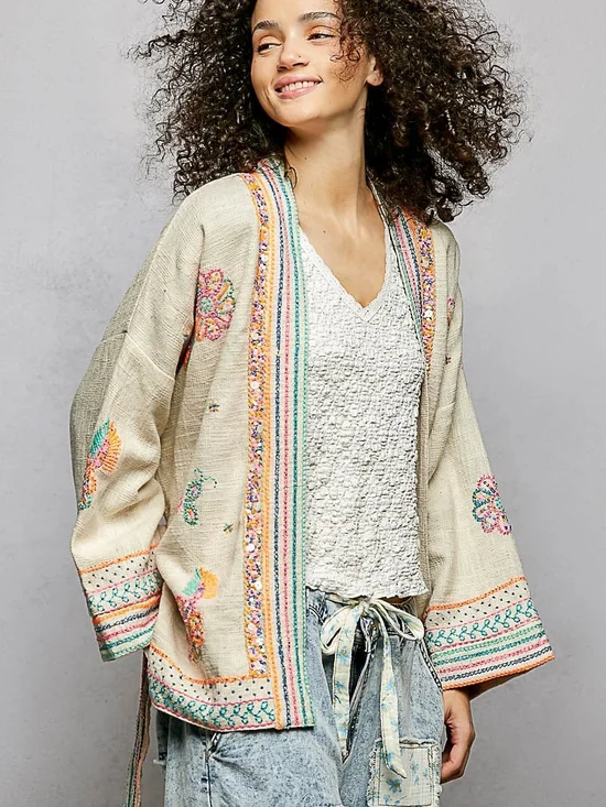 POL Embroidered Cream Open-Front Jacket with Multicolor Floral Trim-missing Belt