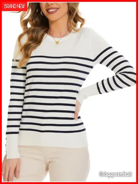 Lightweight Long Sleeve Crew Neck Striped Knit Pullover Sweater