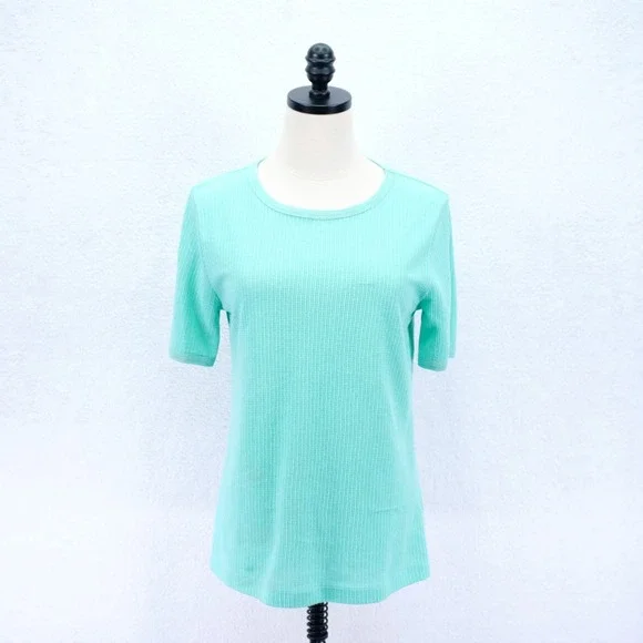J. Crew -Medium- Ribbed Knit Teal T-Shirt Crew Neck Top Cotton Polyester Elastan