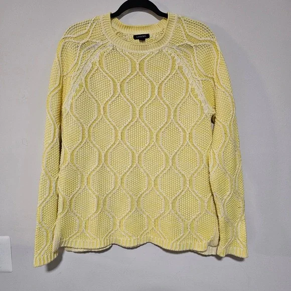 Lands End Sweater Women L Yellow White Honeycomb Chunky Cable Knit Cotton Preppy