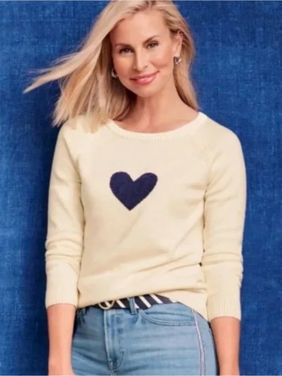 Talbots Cream Crewneck Sweater with Navy Heart
