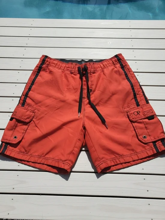 Red Men’s Cargo Swim Shorts with Black Trim