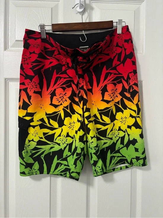 Hang Ten Black Swim Board Shorts with Red, Orange & Green Floral Gradient