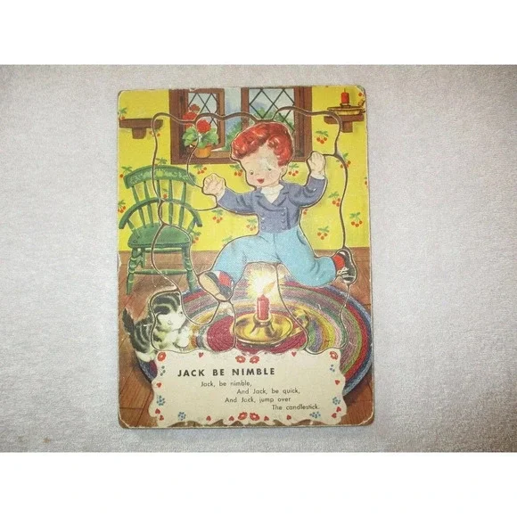 Vintage‎ Jack be Nimble wooden puzzle, 1940. Mother Goose, Nursery Rhymes