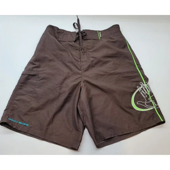 Body Glove Men's Brown Board Shorts Swim Trunks Neon Green Surf Cargo Pocket Lg
