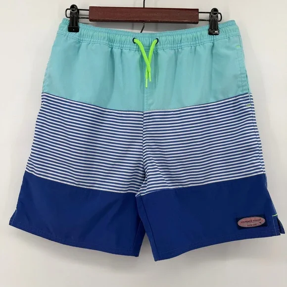 Vineyard Vines Swim Trunks Mens XL Blue Teal Striped Colorblock Board Shorts
