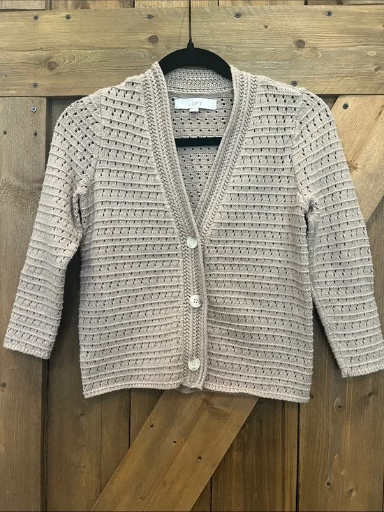 LOFT Taupe Open-Knit, 3/4 Sleeve, Button Front Cardigan Size S
