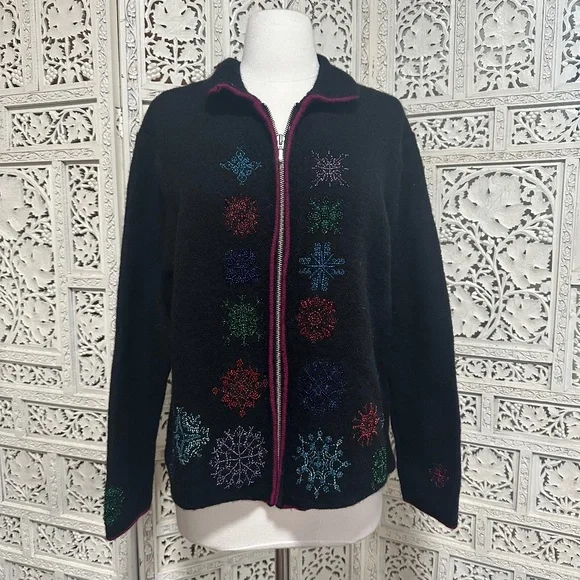 Karen Scott grannycore beaded wool winter snowflake cardigan‎ size large