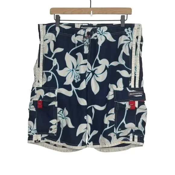 Abercrombie & Fitch Blue White Floral Hibiscus Swim Trunks Size Small Mens
