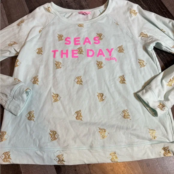 Lilly Pulitzer Seas The Day Sweatshirt Coastal Preppy Beachy Gold Fish Print L‎