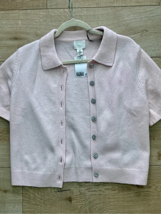 NWT Women’s Short Sleeve Polo Cardigan Baby Pink Chunky Knit Sweater