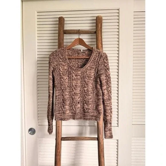 Free People Cable Knit Sweater Tan Black Marled V Neck Long Sleeve Women's Small