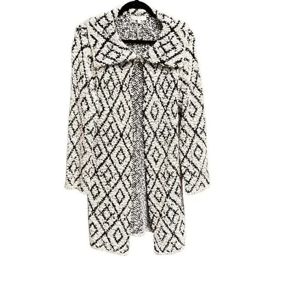 Solitaire by Ravi Khosla Black & White Poocorn Knit Long Open Front Cardigan Siz