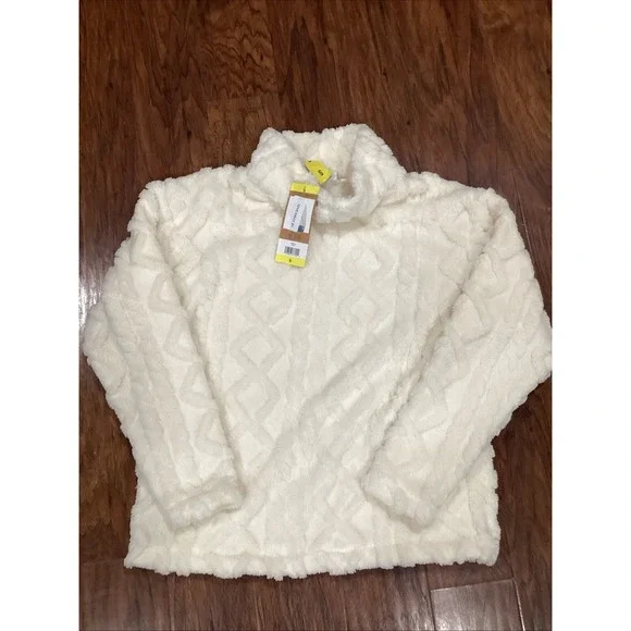 Eddie Bauer Women's Fleece Cable-Knit Pullover Sweater Ivory Mock Neck S